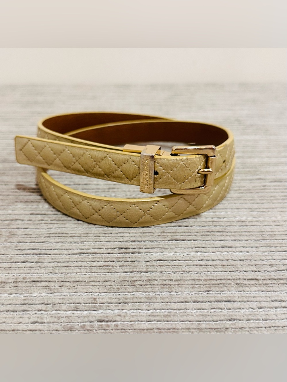 Michael Kors Quilted Leather Belt Womens M Gold Tan Genuine Leather